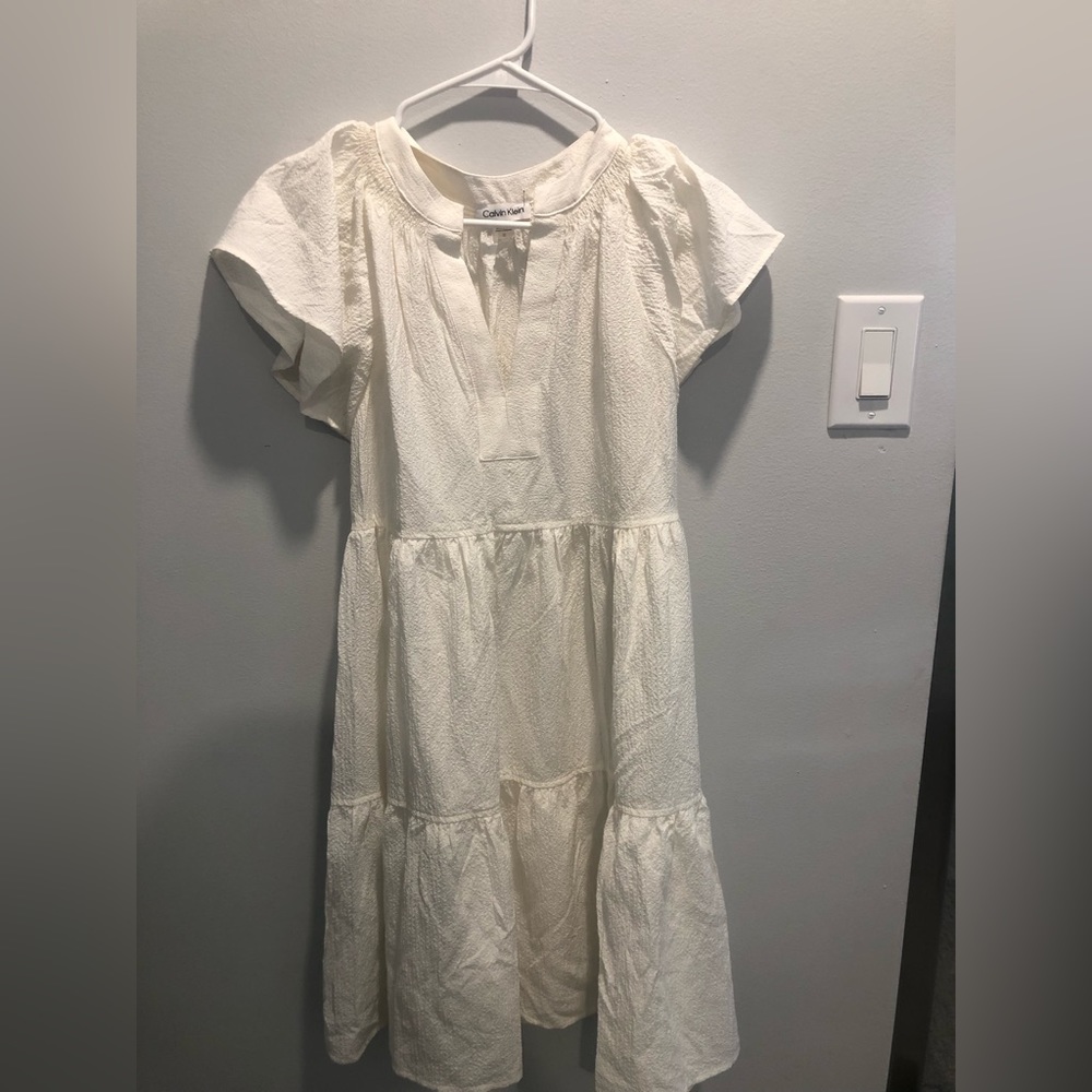 NWOT Calvin Klein Women's Gauze Split Neck Tiered Dress, Cream, 10